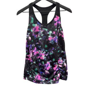 Racerback Athletic Tank Top - Black & Pink Floral Print Ruched Sides Lightweight